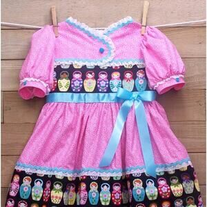Girls Pink 1950s Style Cotton Dress Babushka Fabric Print Size 5